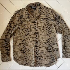 Ann May Vintage Silk Animal Print Button-Up Shirt L | 80s Safari Blouse
